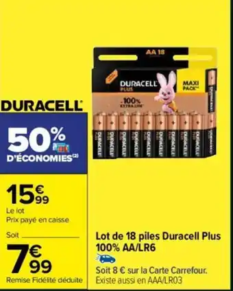 Carrefour Lot de 18 piles Duracell Plus 100% AA/LR6 offre