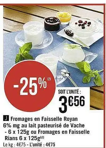 Casino Supermarchés Fromages En Faisselle Royan 6% Mg Au Lait Pasteurisé De Vache -6 X 125 G Ou Fromages En Faisselle Rians 6 X 125g offre