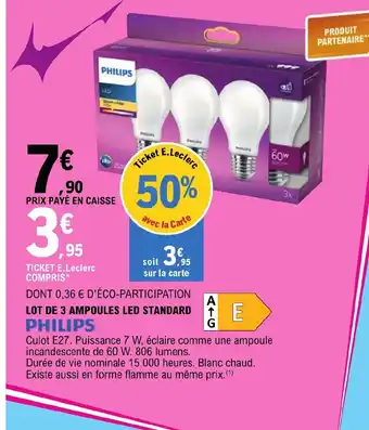 E.Leclerc LOT DE 3 AMPOULES LED STANDARD offre