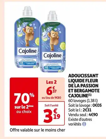 Auchan Supermarché Cajoline adoucissant liquide fleur de la passion et bergamote(1) offre