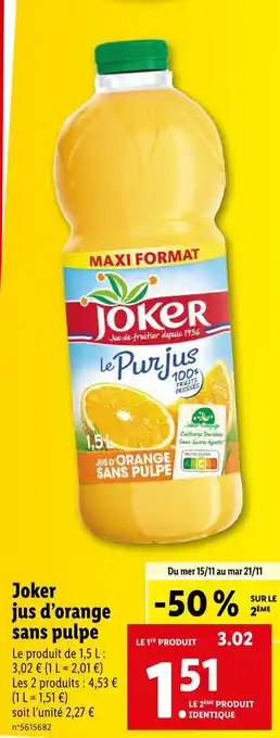 Lidl Joker joker jus d’orange sans pulpe offre