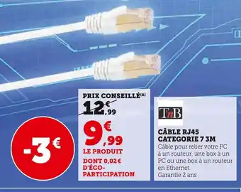 Hyper U Tnb câble rj45 categorie 7 3m offre