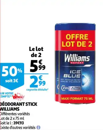 Auchan Déodorant Stick Williams offre