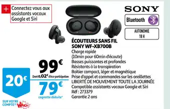 Auchan écouteurs Sans Fil Sony Wf-xb700b offre