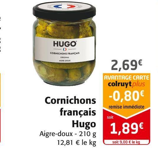 Promo Hugo cornichons français chez Colruyt