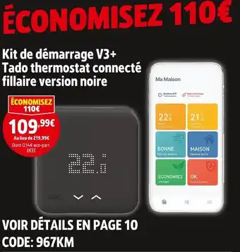 Screwfix Kit de démarrage v3+ tado thermostat connecté fillaire version noire offre