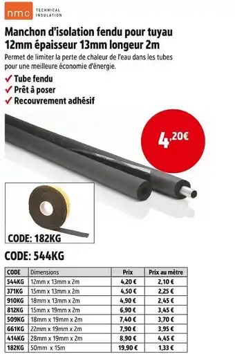 Nmc manchon d'isolation fendu pour tuyau 12mm x 13mm x 2m