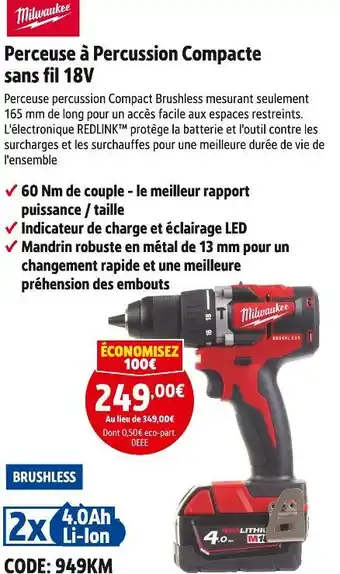 Screwfix Milwaukee perceuse à percussion compacte sans fil 18v offre