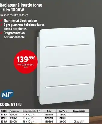 Screwfix Radiateur à inertie fonte + film 1000w offre