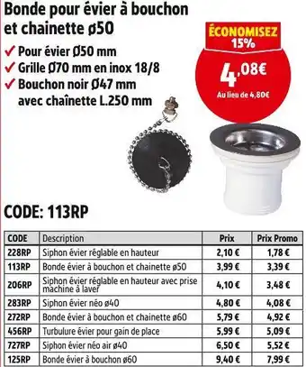 Bonde évier à bouchon et chainette ø50