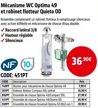 Screwfix Mécanisme wc optima 49 et robinet flotteur quieto od offre