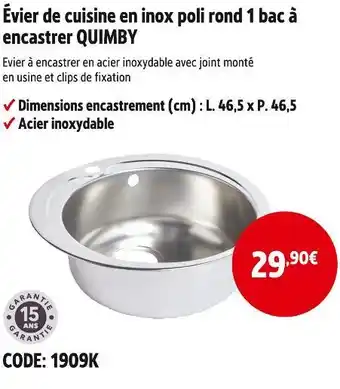 Screwfix Évier de cuisine en inox poli rond 1 bac à encastrer quimby offre