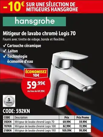 Screwfix Hansgrohe mitigeur de lavabo chromé logis 70 offre