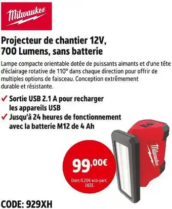 Projecteur de chantier 12v, 700 lumens, sans batterie