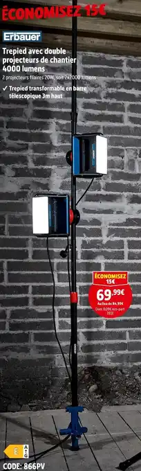 Screwfix Erbauer trepied avec double projecteurs de chantier 4000 lumens offre