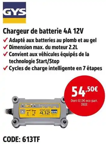 Screwfix Gys chargeur de batterie 4a 12v offre