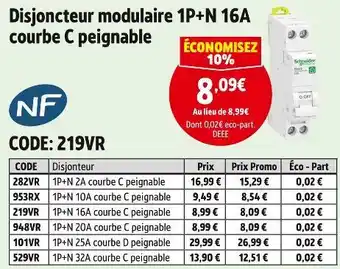 Screwfix Schneider disjoncteur modulaire 1p+n 16a courbe c peignable offre
