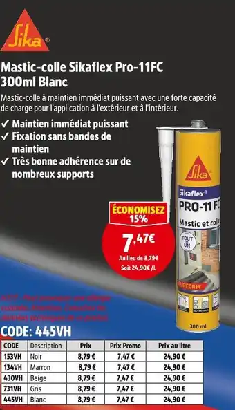 Screwfix Sika mastic-colle sikaflex pro-11fc 300ml blanc offre