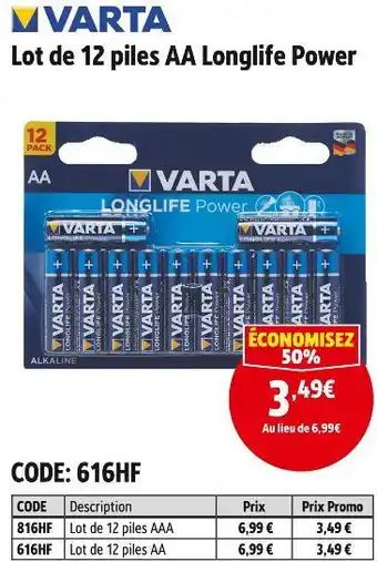 Varta lot de 12 piles aa longlife power