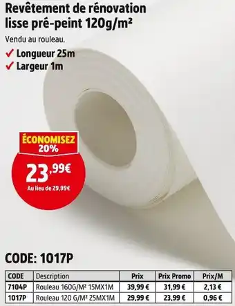 Revêtement de rénovation lisse pré-peint 120g/m2