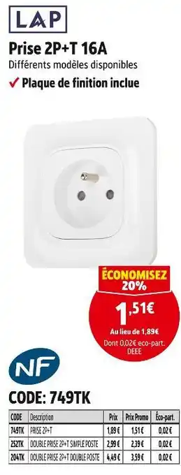 Screwfix Prise 2p+t 16a offre