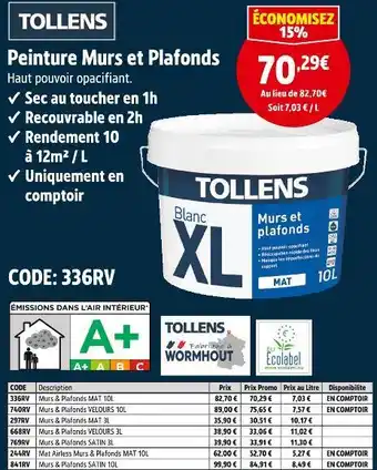 Screwfix Tollens peinture murs et plafonds offre
