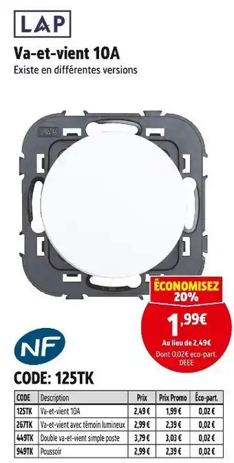 Screwfix Va-et-vient 10a offre