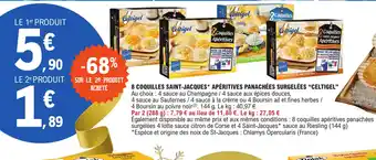 E.Leclerc 8 COQUILLES SAINT-JACQUES* APÉRITIVES PANACHÉES SURGELÉES "CELTIGEL" offre