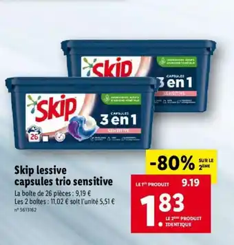 Lidl Skip lessive capsules trio sensitive offre