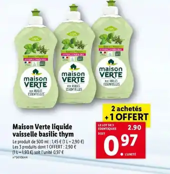 Lidl Maison Verte liquide vaisselle basilic tyhm offre