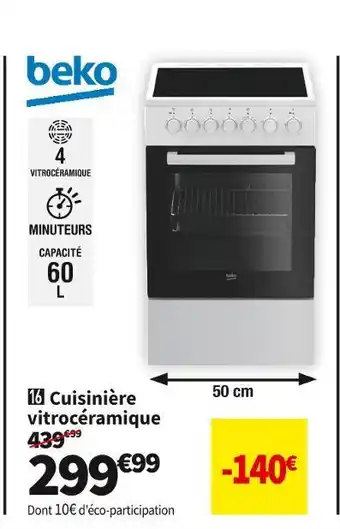 Conforama Beko cuisinière vitrocéramique fss57100gw offre