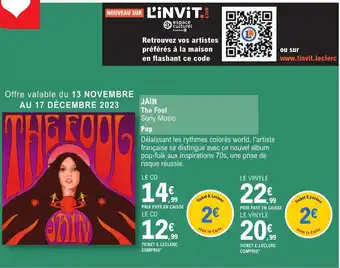 E.Leclerc Espace Culturel JAIN The Fool Sony Music Pop offre