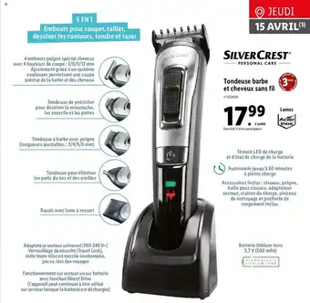Lidl Tondeuse barbe et cheveux sans fil offre