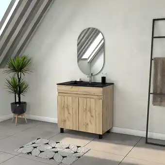 Bricomarché Meuble salle de bains 80cm 2 portes chêne industriel + vasque noire et miroir ovale offre