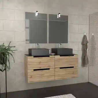 Meuble salle de bains 120cm chêne et noir, vasques carrées & miroirs avec appliques 55x75 - omega