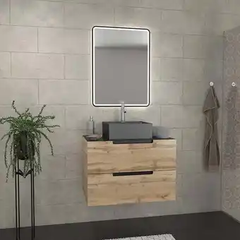 Bricomarché Meuble salle de bains 80 cm 2 tiroirs - chêne et noir - vasque carrée - miroir black led - omega offre