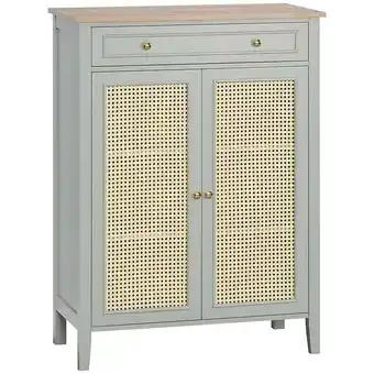 Bricorama Meuble à chaussures style bohème chic - 2 portes 2 étagères réglables tiroir - mdf vert d'eau aspect chêne clair rotin offre
