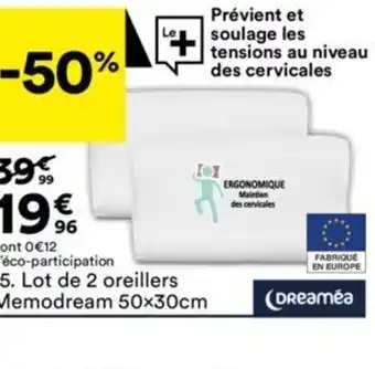 BUT 15. Lot de 2 oreillers Memodream 50x30cm offre