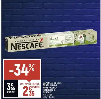 Nescafé capsules de café brazil lungo pure arabica intensité 8