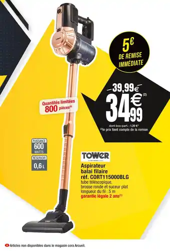 Cora x Carrefour Tower aspirateur balai filaire réf. cort115000blg offre