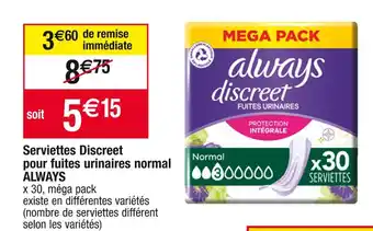 Cora x Carrefour Always serviettes discreet pour fuites urinaires normal offre