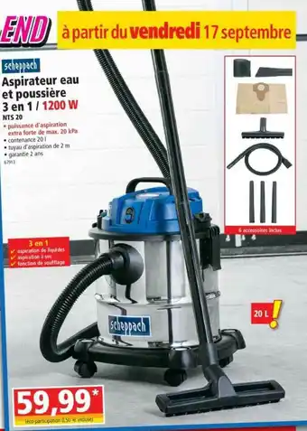 Norma Aspirateur Eau Et Poussière 3 En 1 -1200 W Scheppach offre