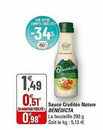 G20 Sauce Crudités Nature Bénédicta offre