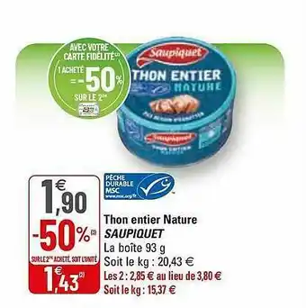 G20 Thon Entier Nature Saupiquet offre
