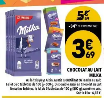 Supeco Chocolat au lait milka offre