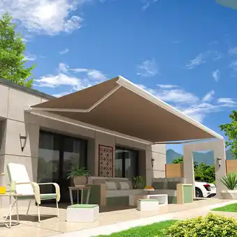 Store banne coffre hevoa 5,00x3,50 m (manuelle - blanc - taupe)