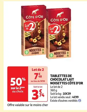 Auchan TABLETTES DE CHOCOLAT LAIT NOISETTES CÔTE D'OR offre