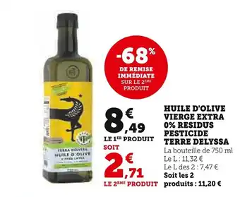 Super U HUILE D'OLIVE VIERGE EXTRA 0% RESIDUS PESTICIDE TERRE DELYSSA offre