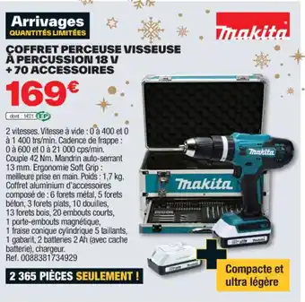 Brico Dépôt COFFRET PERCEUSE VISSEUSE À PERCUSSION 18 V +70 ACCESSOIRES offre