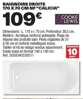 Brico Dépôt BAIGNOIRE DROITE 170 X 70 CM NF "CALICIA" offre